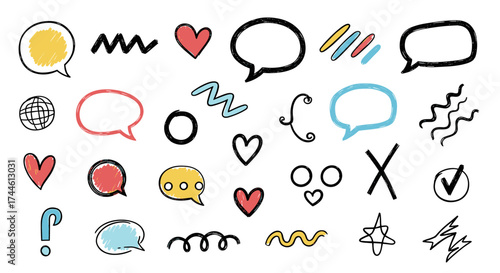 A collection of hand-drawn doodle elements like speech bubbles hearts and question marks.