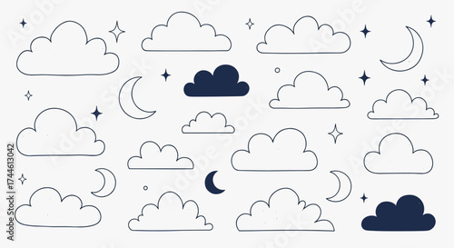 A collection of hand-drawn cartoon clouds moons and stars scattered across a light grey background for a whimsical nighttime theme.
