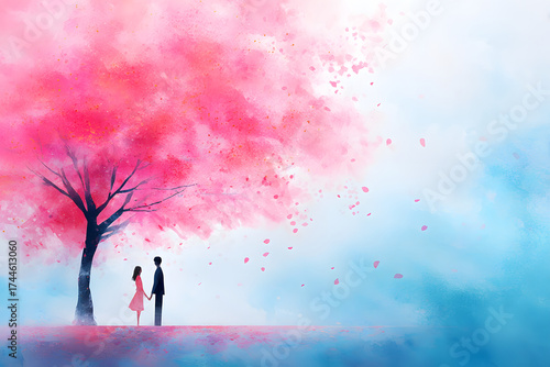 A serene moment of connection under a blooming tree, evoking love and tranquility.