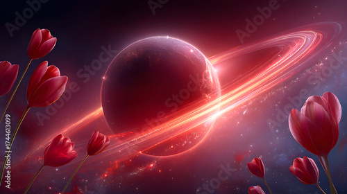 A vibrant cosmic scene merges a glowing red planet with blooming tulips, evoking wonder and affection.