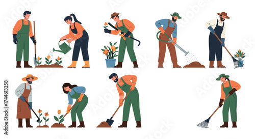 A collection of people enjoying various gardening activities in a beautiful outdoor setting.