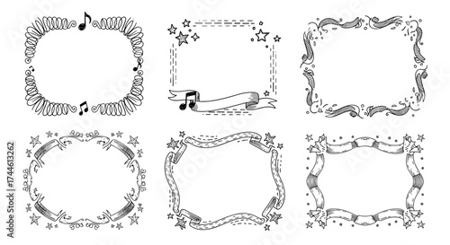 Hand drawn decorative musical borders and frames with notes and stars.