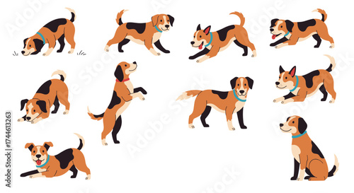 A collection of playful beagle dogs in various cartoon poses.