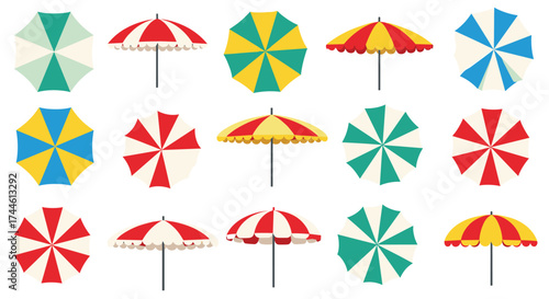 A collection of colorful beach umbrellas and parasols arranged in a grid for outdoor shade protection.