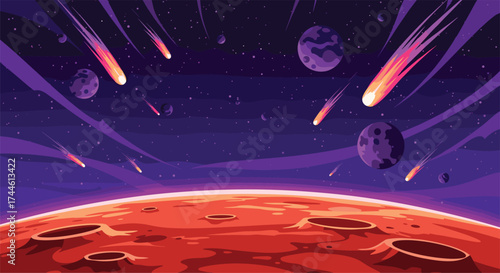 A vibrant pixel art scene depicts a red planet under a purple sky with falling meteors.
