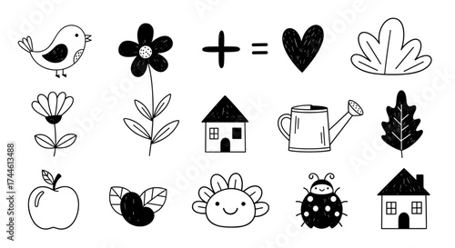 A collection of simple hand-drawn illustrations representing nature and home.