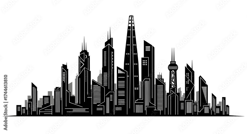 Naklejka premium Black and white skyline illustration of a modern city with skyscrapers.