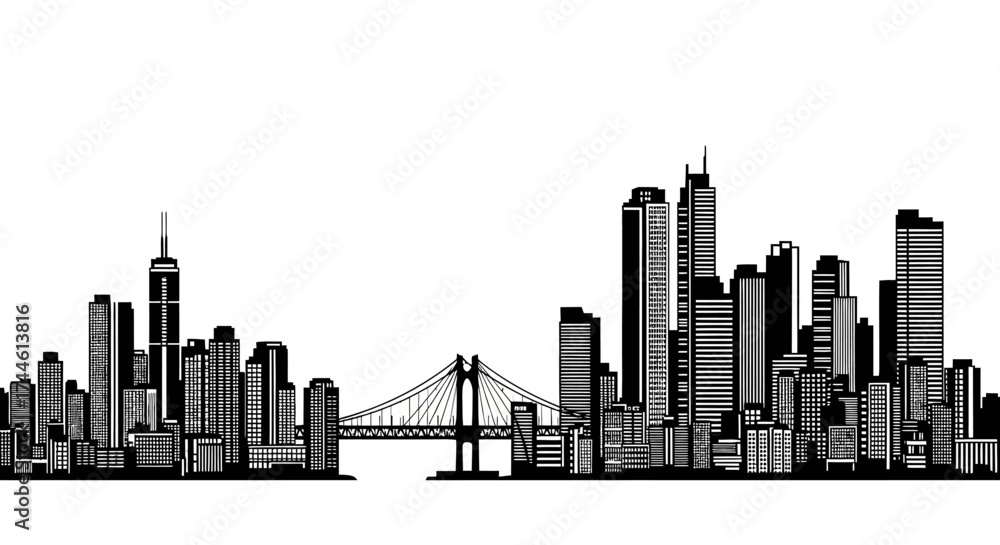 Fototapeta premium A black and white illustration of a sprawling cityscape with a suspension bridge connecting two sections of the city.