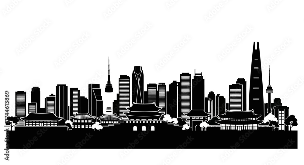 Naklejka premium Seoul skyline silhouette with skyscrapers, towers, and traditional Korean architecture.