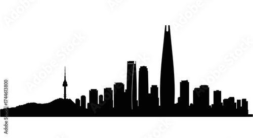 Silhouette of the Seoul skyline featuring the Lotte World Tower and Namsan Tower.