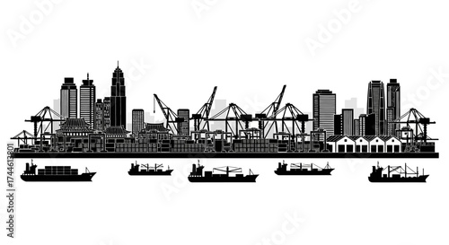 Detailed black and white silhouette of a bustling port city skyline with cargo ships and numerous cranes, depicting global trade and logistics.