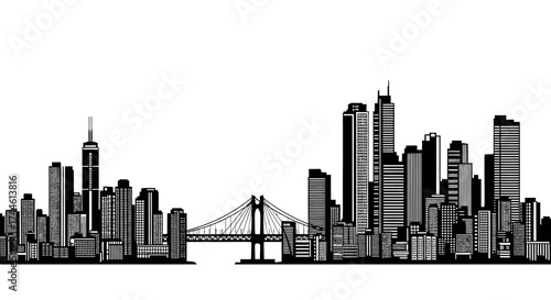A black and white illustration of a sprawling cityscape with a suspension bridge connecting two sections of the city.