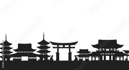 Silhouette of traditional Japanese architecture including pagodas and a torii gate against a white background.