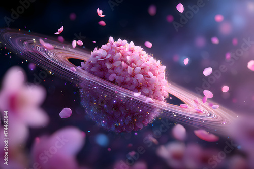 A surreal heart-shaped planet glows with pink blossoms, encircled by ethereal rings, evoking feelings of love and wonder.
