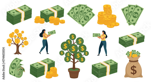 A collection of various symbols representing money and wealth like cash stacks coins and money trees.
