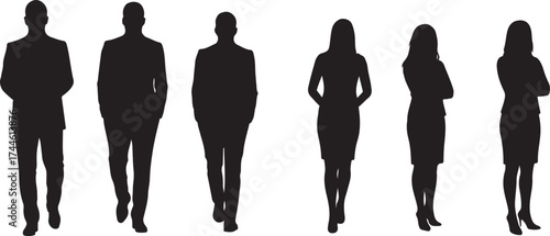 Six Black Silhouettes of Business People Standing and Walking women