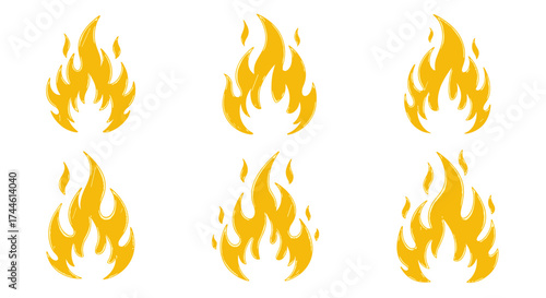 Collection of stylized golden flames burning brightly on a white background.
