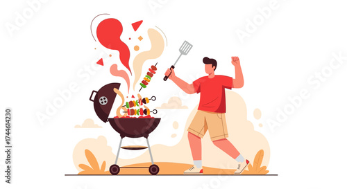 Enthusiastic Chef Celebrates Grilling Success with Delicious Skewers and Barbecue