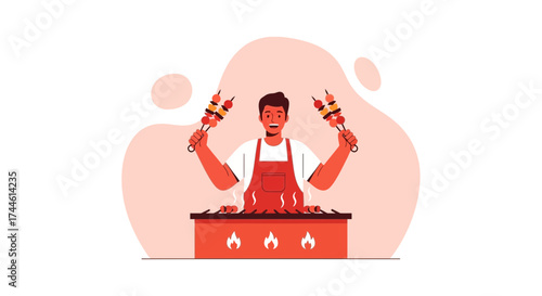 Enthusiastic Chef Presenting Skewered Delights Fresh Of The Grill For Gastronomic Enjoyment