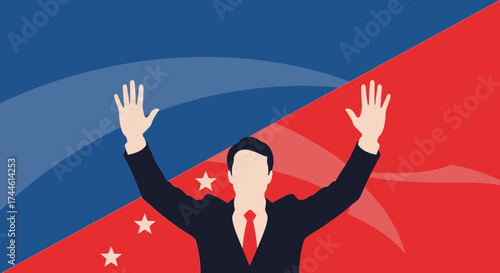 Enthusiastic Figure With Upraised Arms And Red Tie Over Artistic Gradient Background