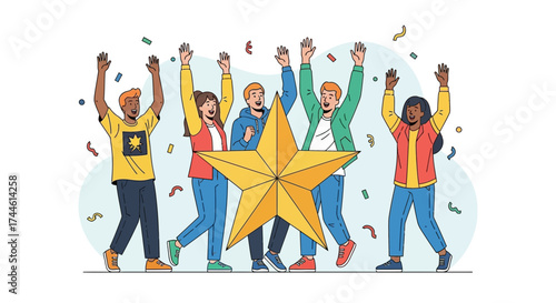 Enthusiastic Group Celebrating Success: Joyful Team Reaching for the Sky Amidst Festivities