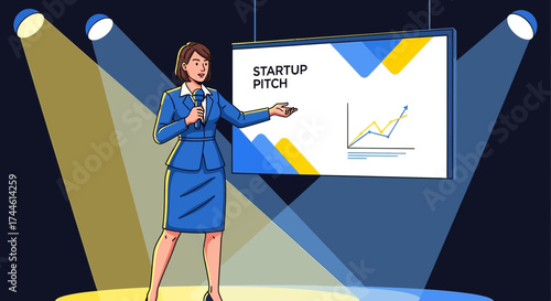 Enthusiastic Founder Delivering Powerful Startup Pitch With Projected Growth Charts