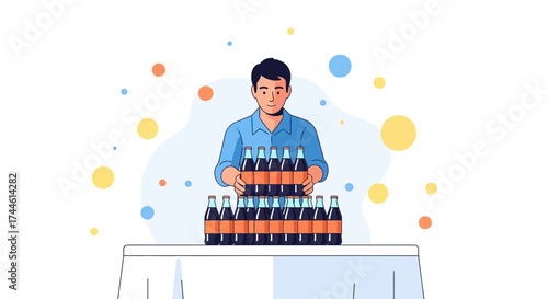 Enthusiastic Individual Presenting Stacked Bottles Beverages On A Tabletop Surface With Bubbles