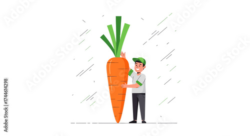 Enthusiastic Individual Proudly Holding A Giant Carrot, Freshly Harvested, Vector Illustration