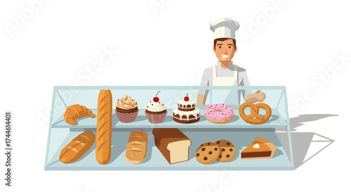 Illustration of a baker standing behind a display case filled with various baked goods and pastries