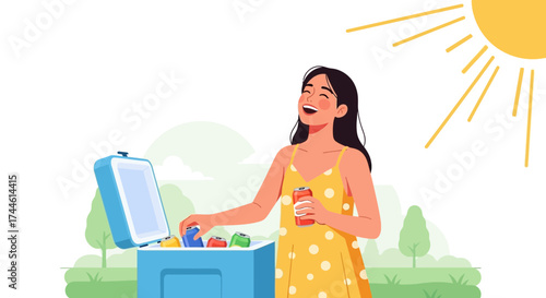 Enthusiastic Woman Relishes Refreshing Drinks On A Bright Sunny Summer Day