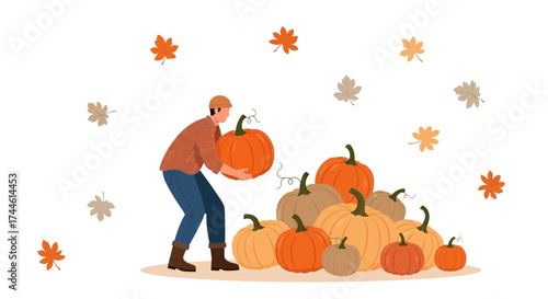 Farmer collecting pumpkins during autumn harvest, seasonal illustration, harvest time