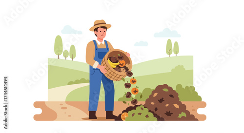 Farmer Composting Organic Waste to Enrich Soil for a Sustainable Garden Illustration