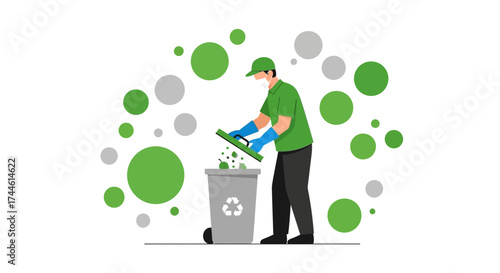 Environmental Worker Disposing Of Debris Into Recycle Bin With Protective Gear Illustration
