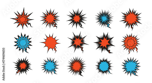 A vibrant collection of comic book style explosion sound effects and speech bubbles in red and blue colors.