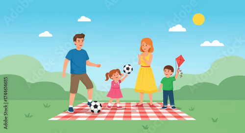 Family Day Out Celebrated With Soccer And Kite In A Scenic Summer Meadow Setting