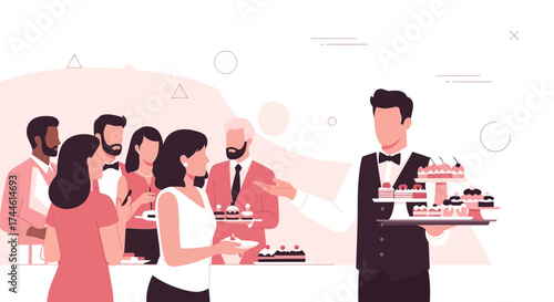 Event with server offering cakes to guests with elegant minimalist design  perfect for celebration