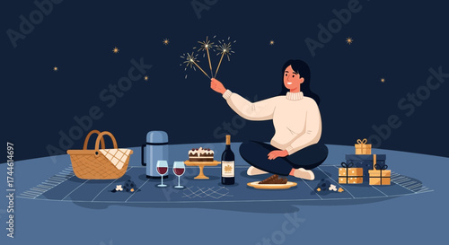 Evening Picnic Celebration Under The Stars With Sparklers and Delightful Treats