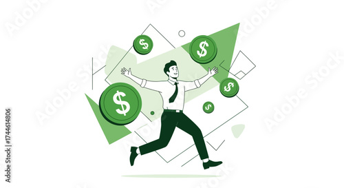 Excited Businessman Celebrating Financial Success With Dollar Signs And Geometric Background