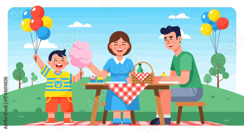 Family enjoying a picnic in the park with balloons, food, and cotton candy illustration