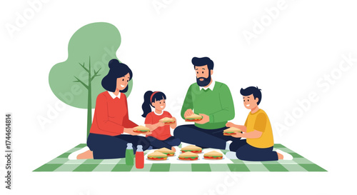 Family enjoying a picnic in the park with sandwiches and drinks during summer vacation