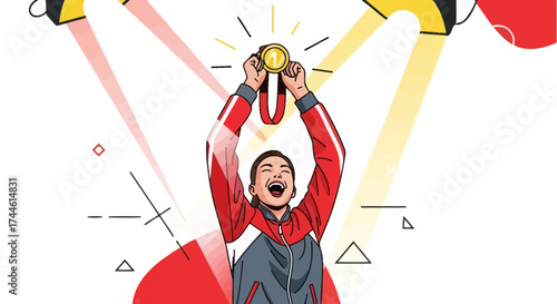 Excited Champion Celebrating Victory With First Place Medal And Golden Rays