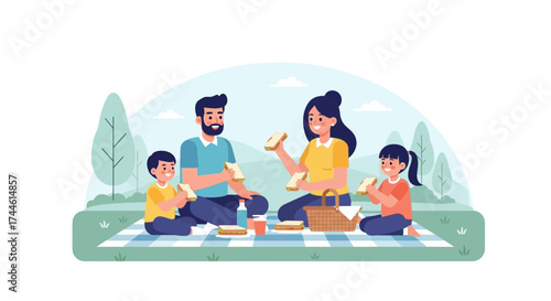 Family Enjoying A Picnic Together Outdoors On A Beautiful Day With Sandwiches