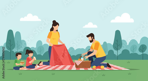 Family enjoying a picnic together in the park on a sunny day and having fun