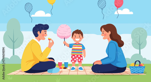 Family Enjoying A Pleasant Day Outing Park Celebrating With Dessert Snack Balloons