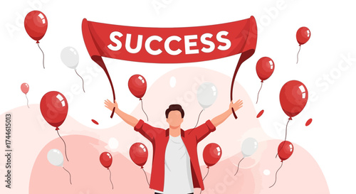 Excited Person Celebrates Success with Balloons and a Banner Highlighting Achievement