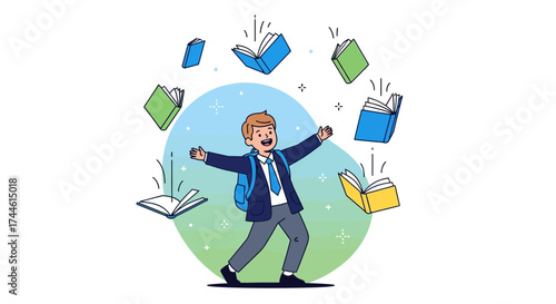 Excited Schoolboy Juggling Books Representing Knowledge and Joyful Learning Experience