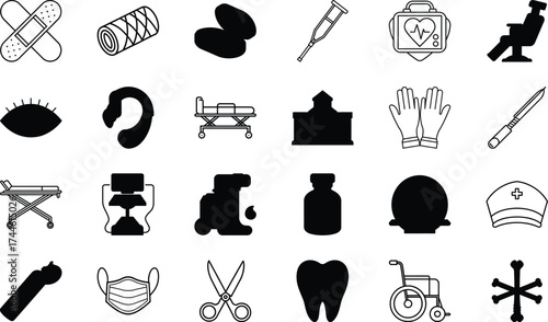 Hospital Equipment, Doctor and Nurse Symbols, First Aid Kit, Microscope, Stethoscope, Wheelchair, Oxygen Cylinder, Surgical Instruments, Medical Gloves, Bed, Tooth, Mask, and Health Care Vector Design
