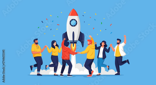 Excited Team Celebrates Launching Innovative Venture For A Successful Start