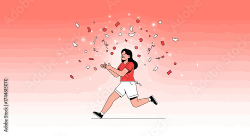 Excited Woman Celebrates Achievement Amidst Colorful Confetti Shower of Joyous Moment