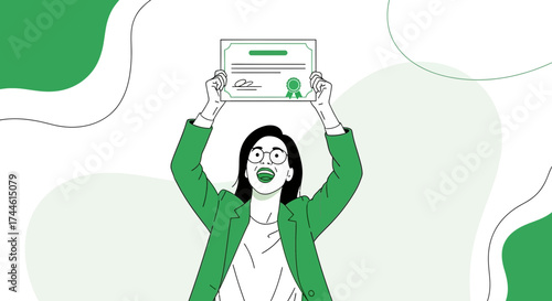 Excited Woman Celebrating Achievement Holding Certificate High Above Her Head With Joyful Expression